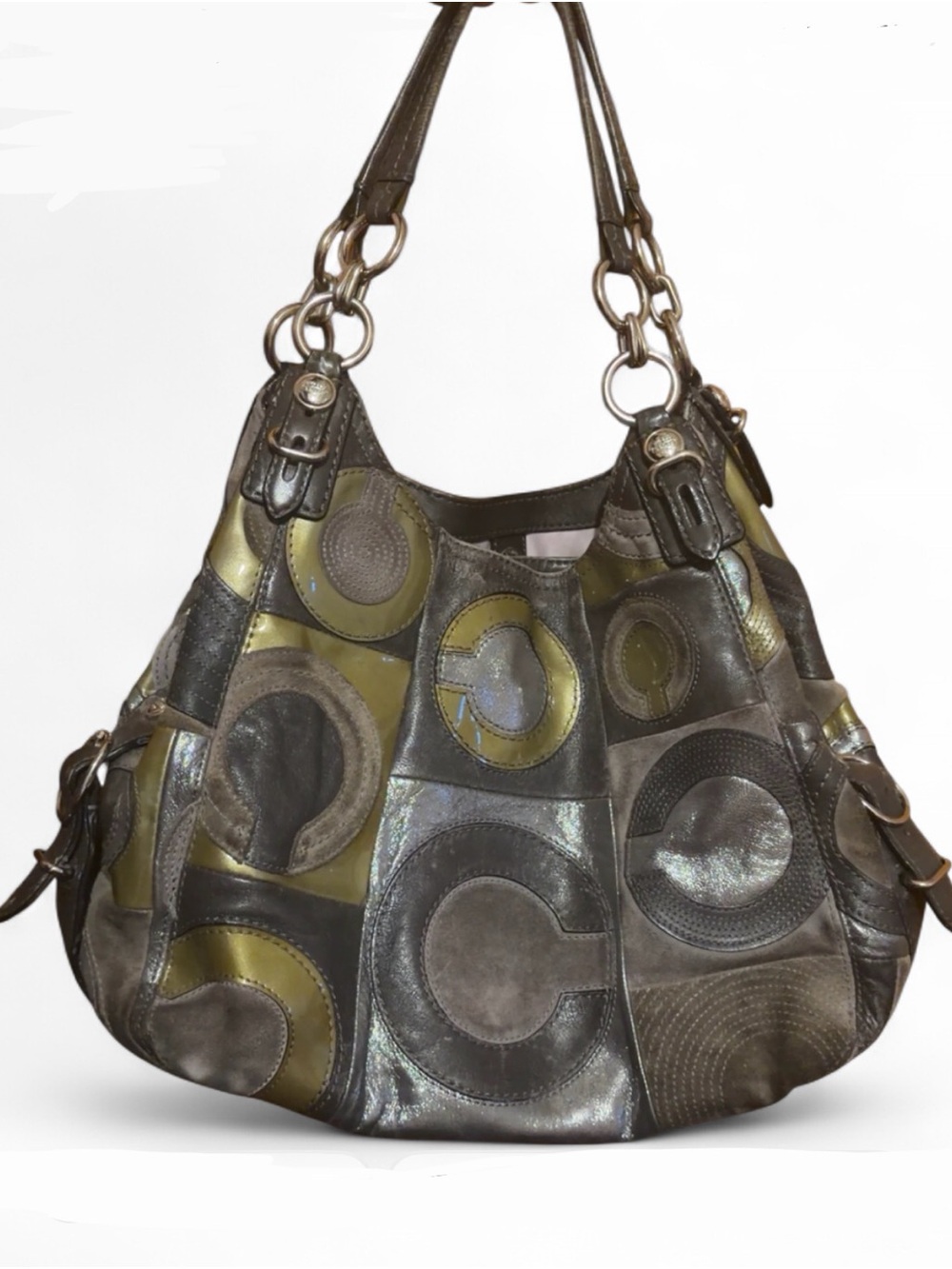 Coach Patchwork Circle Leather Hobo Madison Mia Bag Olive/Brown